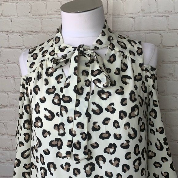 Monteau Leopard Print Cold Shoulder Blouse with Draped Bow Neckline – Size Small - Picture 2 of 7
